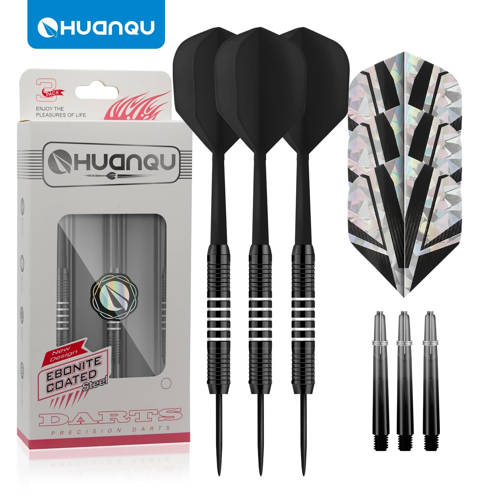 3pcs 24g Steel Tip Darts Set, Black Iron Barrels, Integrated Design, Includes Replacement Shafts and Flights, Portable Hard Case