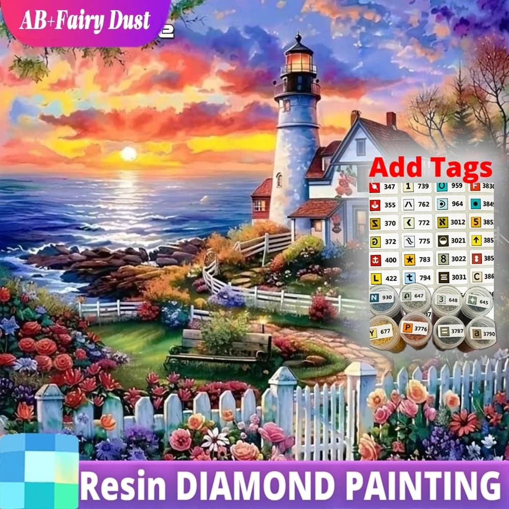Resin Fairy Dust AB Diamond Embroidery Lighthouse Painting Seaside Landscape Picture Rhinestones Mosaic Sunset DIY Child Hobby