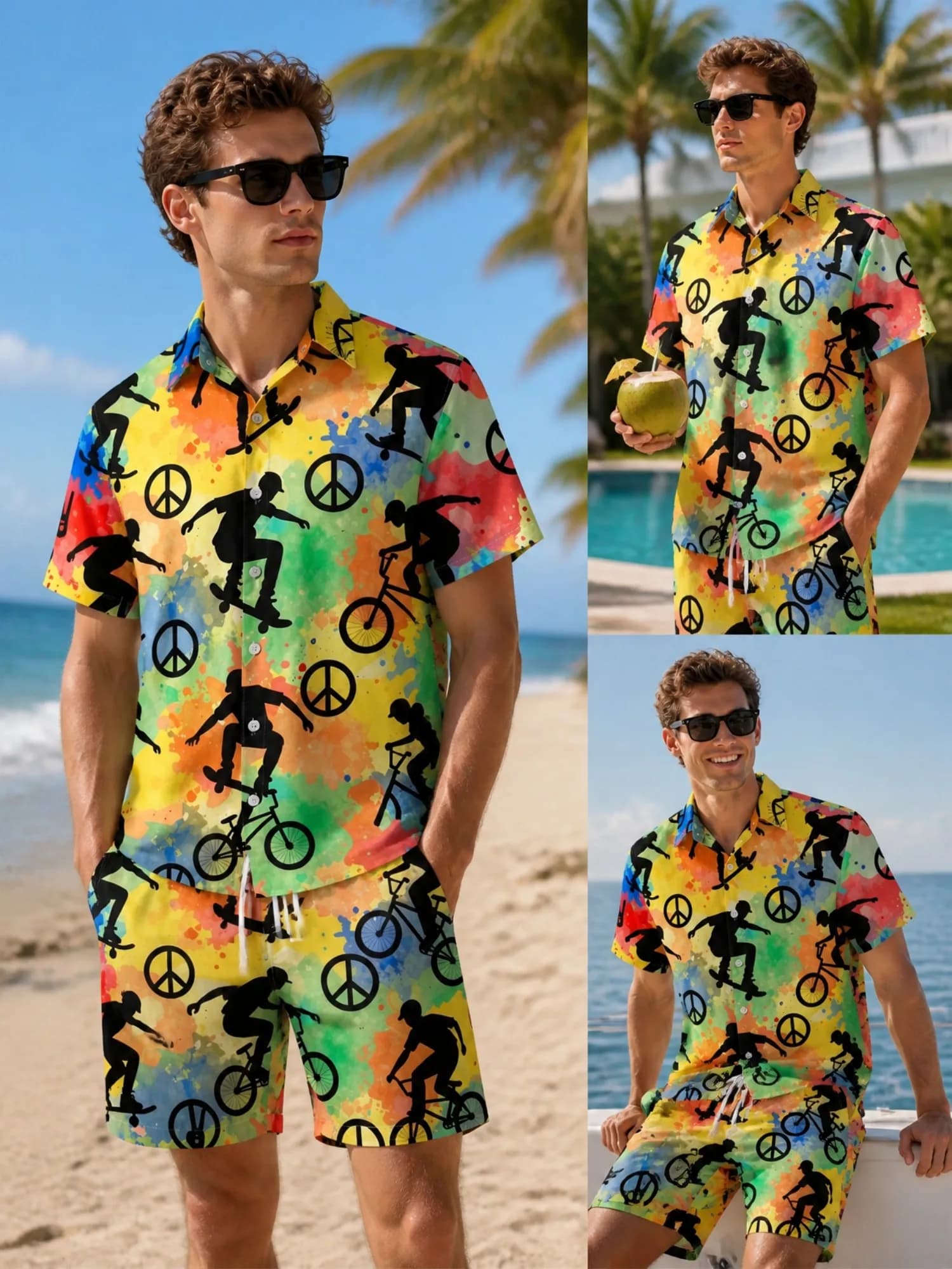 Mens Floral Short Sleeve Shirt and Drawstring Shorts Set Beach Vacation Relaxed Summer Two Piece Casual Beach Outfit Holidaywear