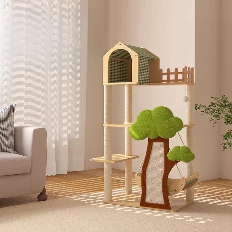 Torre per Gatti con Tiragraffi, Scaffali, Scale di Lusso, Cuccia in Legno, Giocattoli e Accessori - Arredamento per Gatti