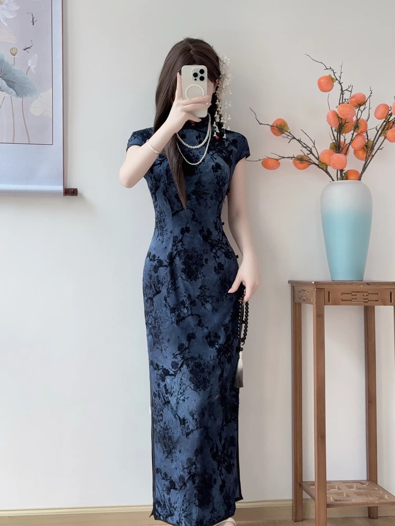 Blue Long Silk Dress Young Girl New Chinese Style Reformed Summer High Sensation Dress Milk Silk Short Sleeve Floral Pattern