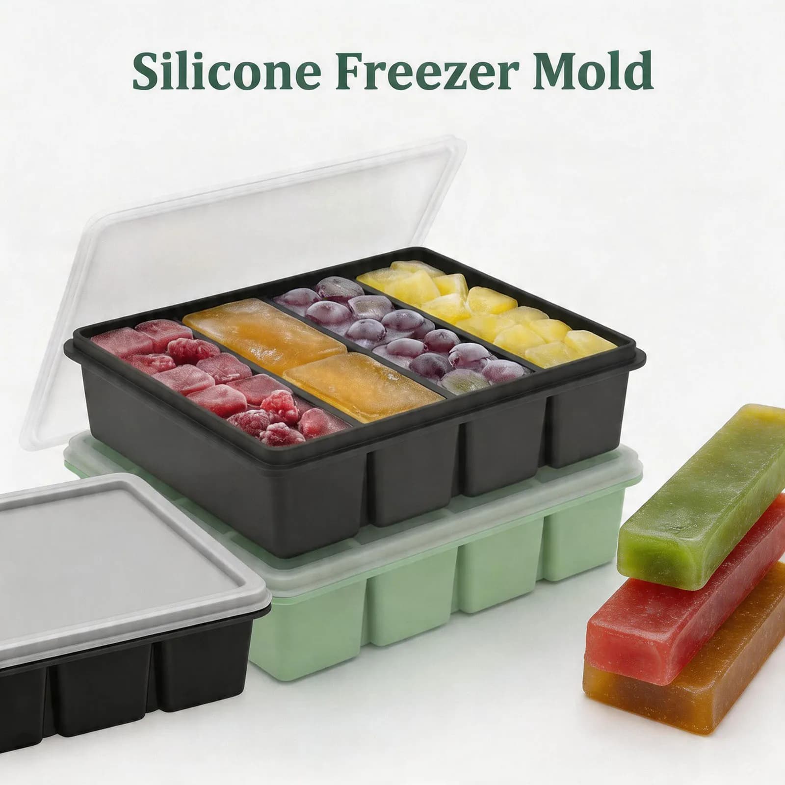 Contenitore per alimenti in silicone con coperchio, stampo per cubetti di ghiaccio, scatola porta ghiaccio divisa per conservare zuppe, salse, bevande, erbe, succhi.