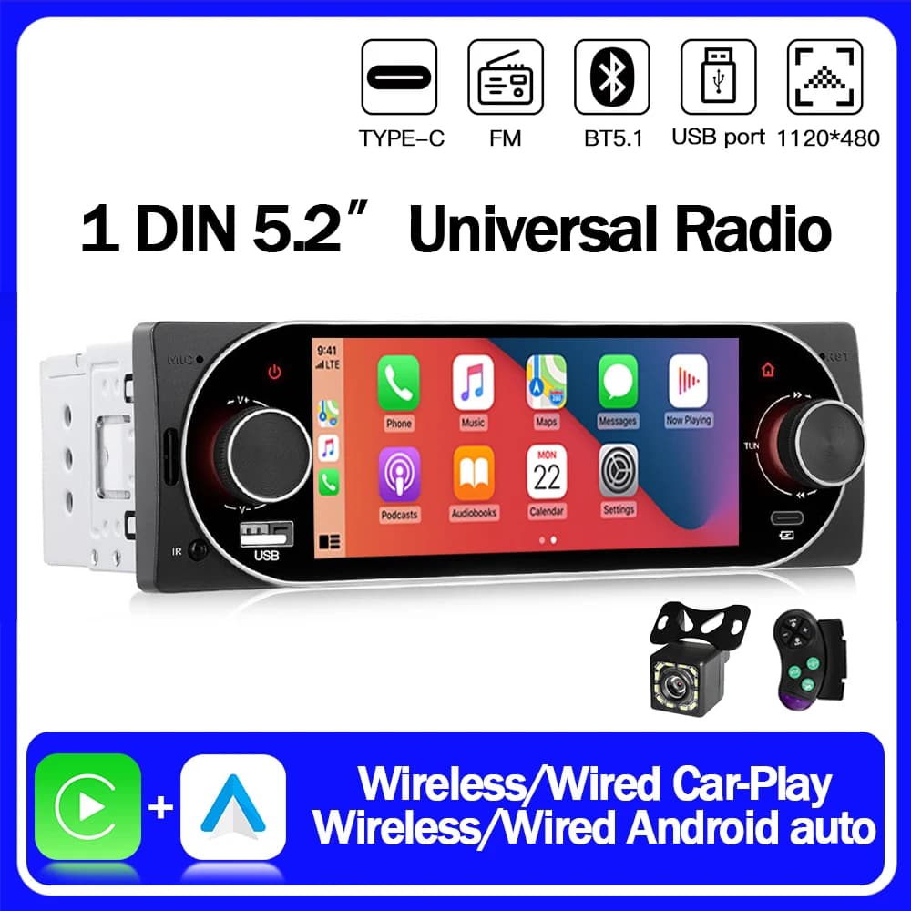Autoradio MP5 1DIN da 5,2 Pollici con Doppia Manopola, Carplay Wireless, Video HD, Stereo BT Intelligente, Schermo Touch per Auto Universale