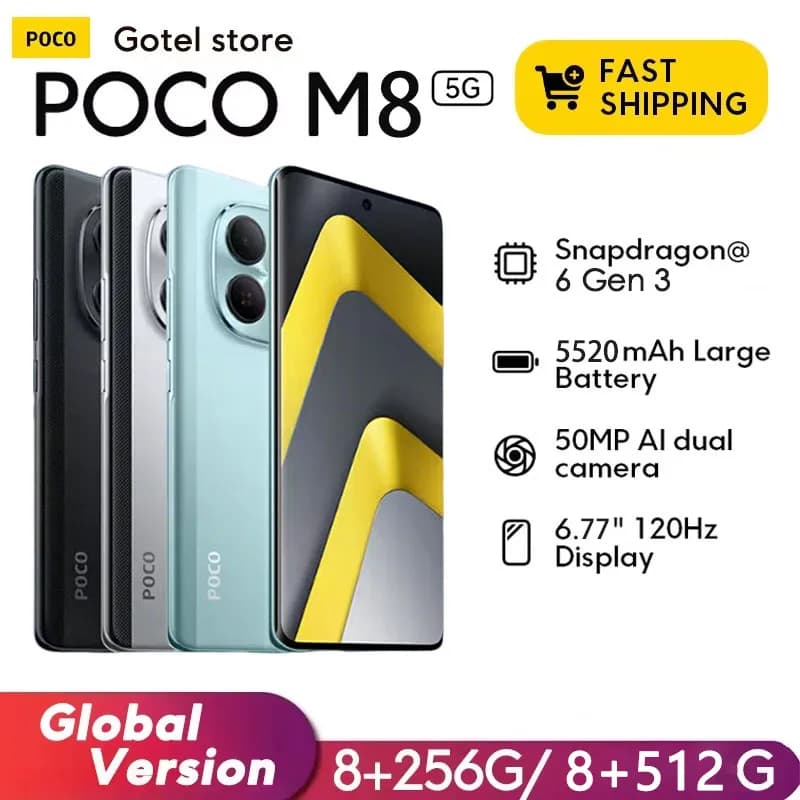 eWorld premiere】POCO M8 5G Cellular Global Version Snapdragon ® 6th generation 50MP camera, 6.77 inch AMOLED display at 120Hz, 5520mAh, 45W, NFC