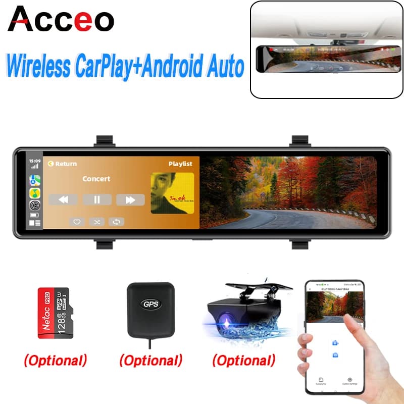 Dash Cam 4K 2160P da 11,26 Pollici con Carplay, Android Auto, Doppia Lente, Wifi, GPS, BT, FM, Registratore Video per Auto, Specchietto Retrovisore con Telecamera