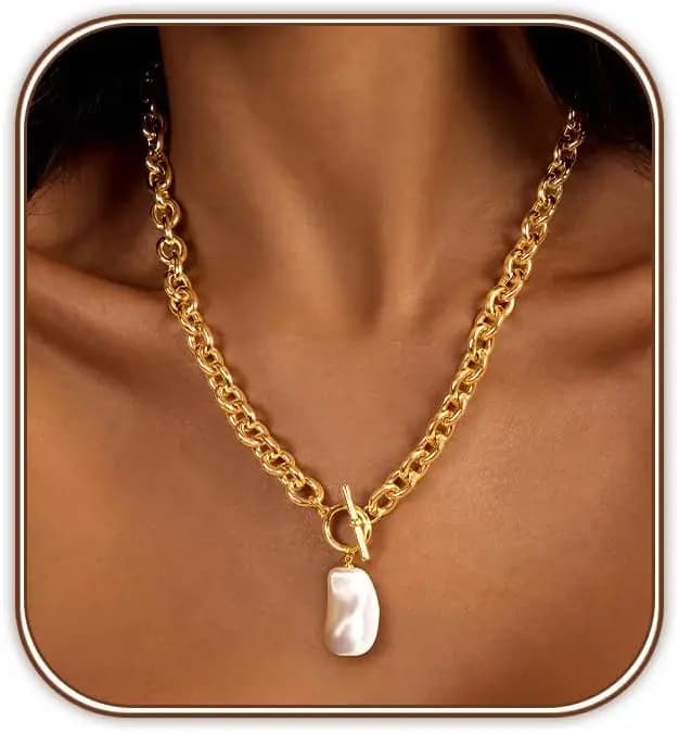Chunky 14K Gold Pearl Necklace for Women Statement Large Baroque Pearl Pendant Necklace Thick Chain Link Toggle Clasp Jewelry