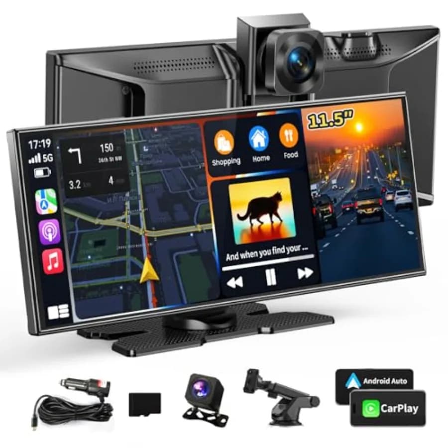 11.5 Inch Portable CarPlay Screen for All Vehicles, 4K Wireless with Android Auto, Touchscreen Updated with Dash Cam and App Control