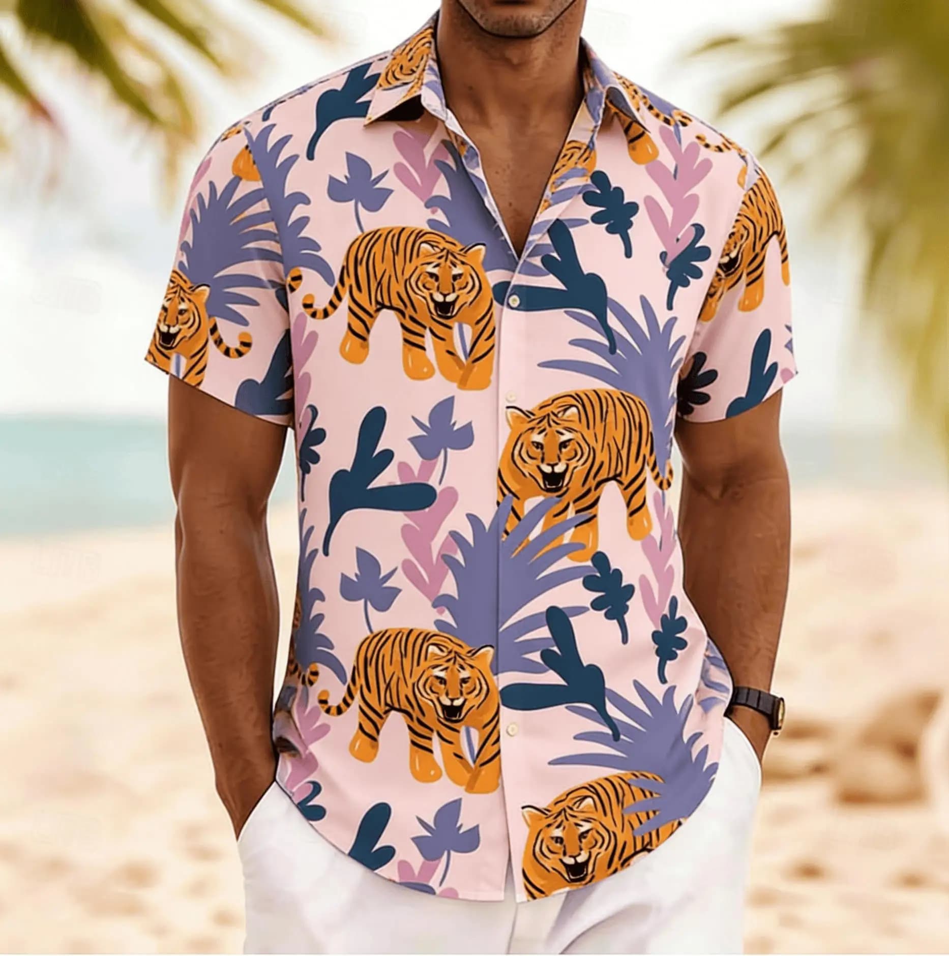 Men's Tiger Tropical Plant Print Short Sleeve Shirt, Spring Summer Fun Hawaiian Vacation Blouse, Loose Casual Top