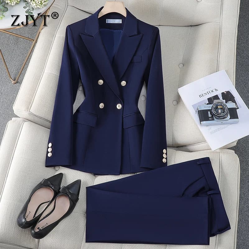 ZJYT Business Chic Formal Blazer Suit Trousers Two Pieces Womens Outfit 2025 Autumn Elegant Double Breasted Jacket and Pant Sets