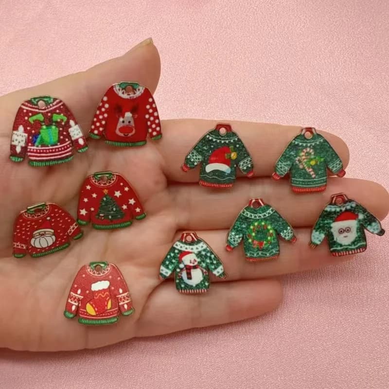 10pcs Christmas Printing Theme Santa Claus Hat Christmas Tree Bell Zinc Alloy Accessories Necklace Key