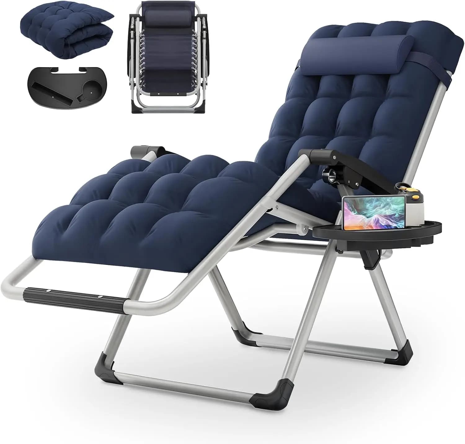 Folding Zero Gravity Lounge Chair with Detachable Cushion, Pillow & Side Tray, 330lbs Capacity, Blue