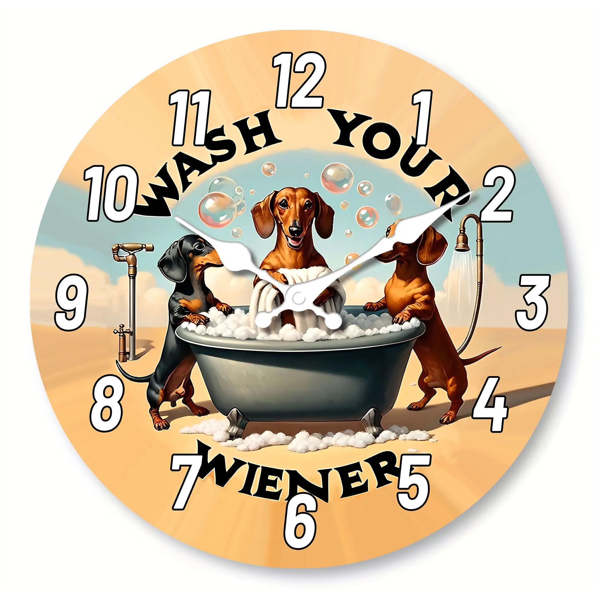 1 piece, wooden round wall clock "Wash Your Wiener" Bassotto, vintage style silent watch, gifts for dog lovers, low theme