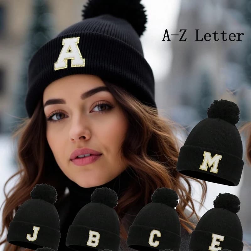 Cappello a cuffia lavorato a maglia con lettera da 1 pezzo per donna, berretto lavorato a maglia versatile personalizzato caldo invernale, adatto per l'uso quotidiano autunno/inverno, ues