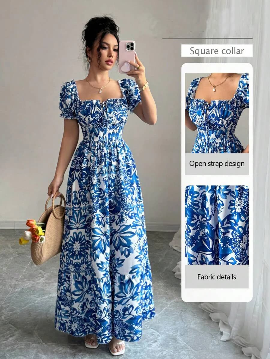 Elegant Blue Floral Print Dress for Women with Bubble Sleeves Long Casual Vacation Front Tie Back Gathered Waist