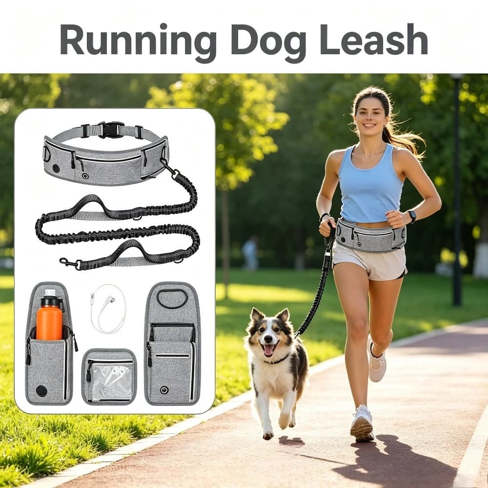 Waist Dog Hands Free Leash Running Belt with Zipper Pouch Reflective Dual Padded Handle Walking Training Pet Accessory