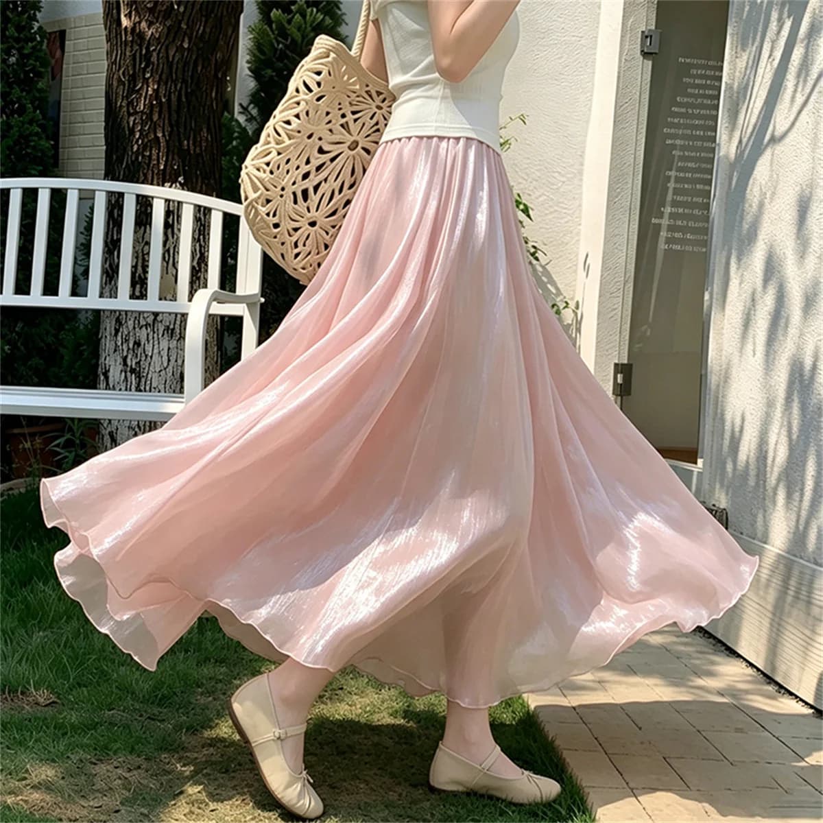 Gonna midi in chiffon fluido estiva 2026 da donna, gonna lunga maxi a trapezio con elastico in vita alla moda