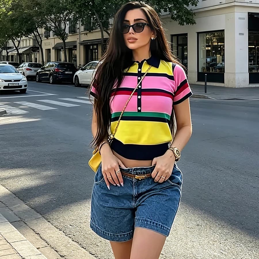 Women Chic Contrasting Colors Striped Tops Elegant Women Casual High Street Polo Shirts Female Summer Fashion Knitted Top