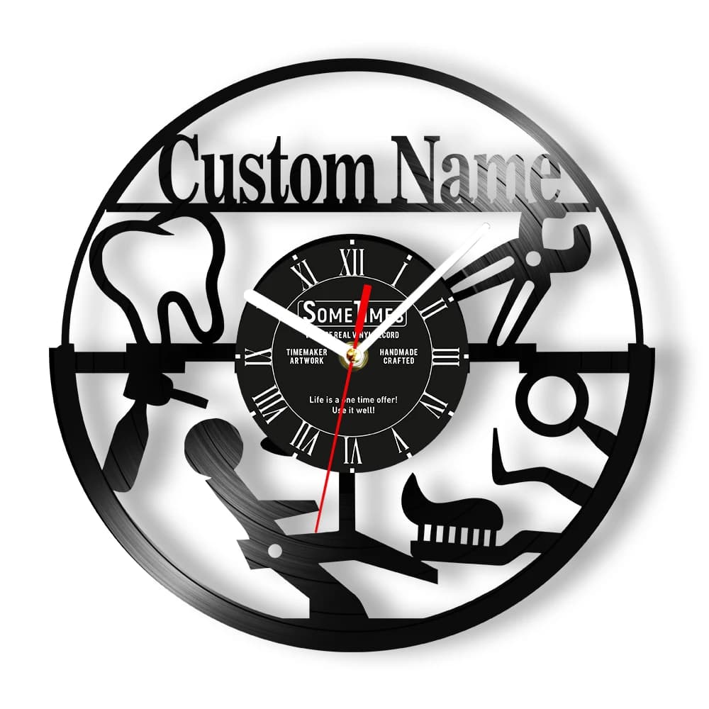 Orologio in vinile personalizzato con nome del dentista per studio dentistico, decorazione artistica a tema dentale, orologio da parete personalizzato, regalo di apprezzamento per igienista