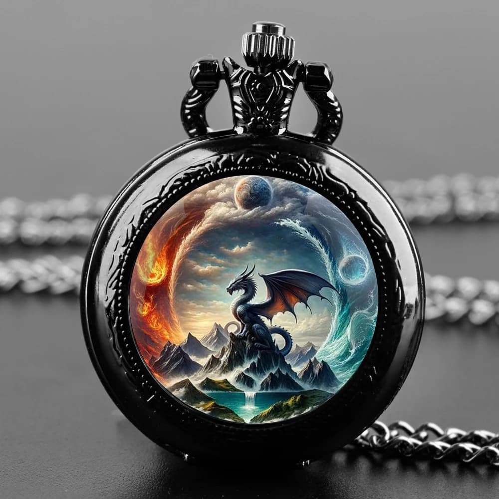 Orologio da tasca dal design simpatico animale Yin e Yang Dragon con collana, cassa in lega, movimento al quarzo, orologio per uomo, donna, bambino