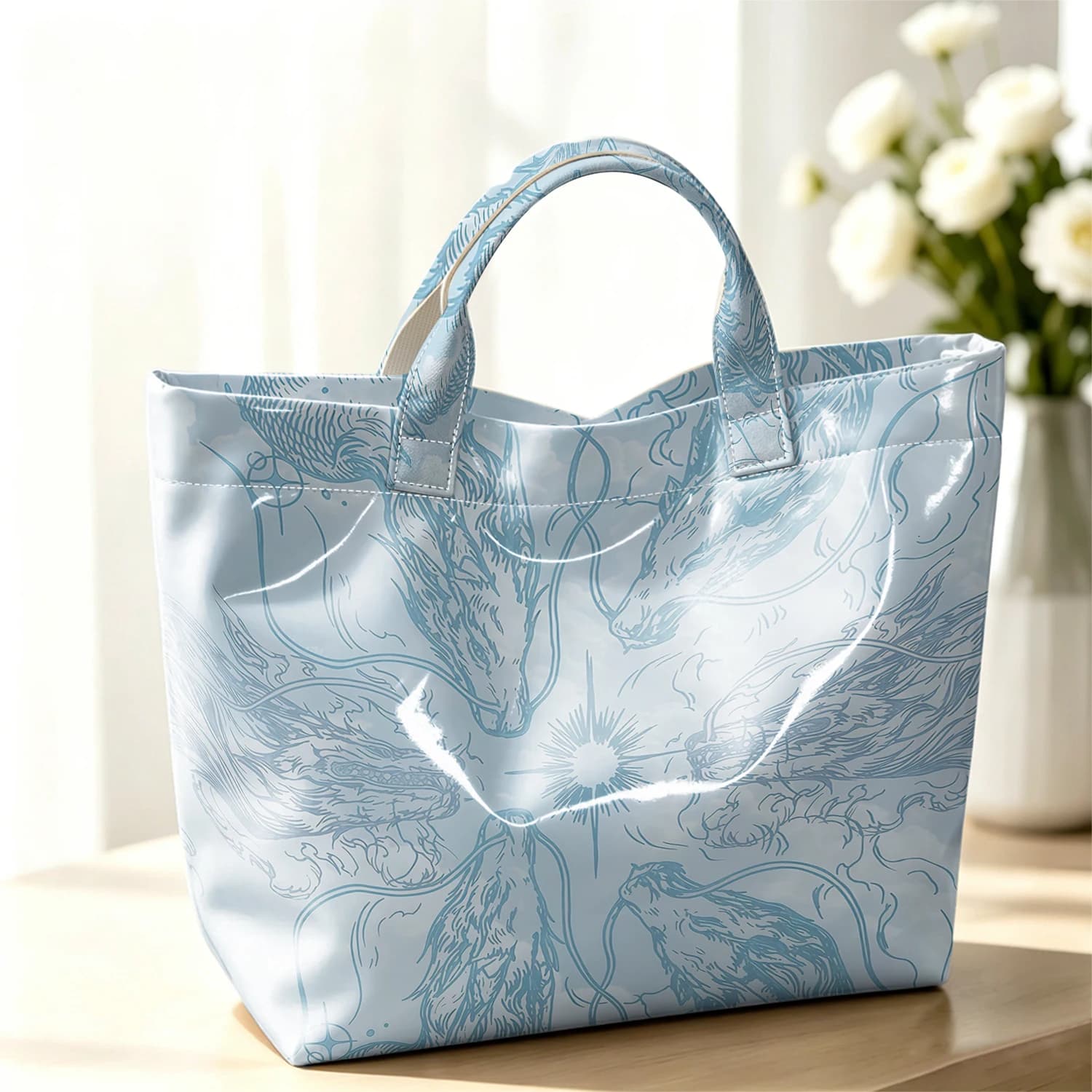 Blue Dragon Line Fashion Large Glossy PVC Tote Bag Hand Washable Waterproof Perfect Travel Commute Cosmetic Storage Shopper