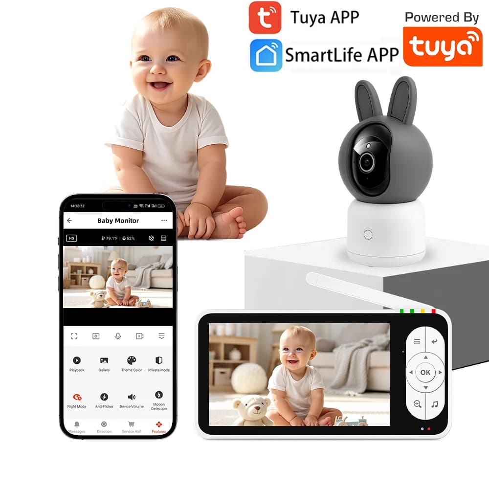 Baby Monitor Tuya con Telecamera PTZ WiFi, Visualizzazione Remota tramite APP + Monitor da 5 Pollici con Visione Locale, Audio Bidirezionale, Visione Notturna