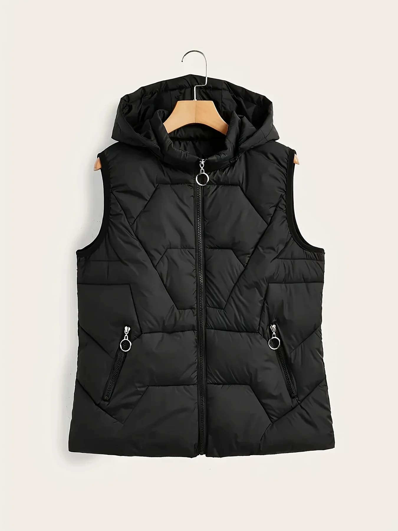 Gilet Imbottito Casual da Donna con Cappuccio, Senza Maniche, con Zip e Tasche Laterali