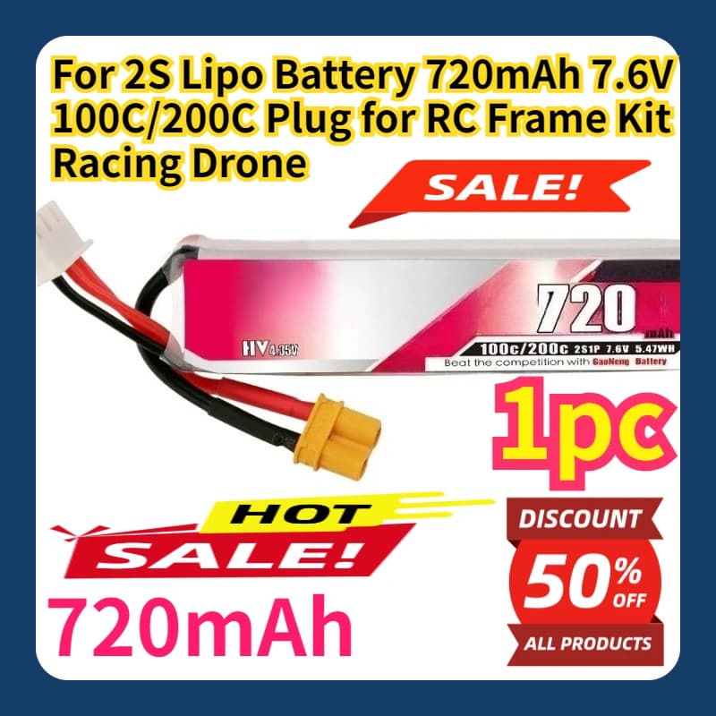 Batteria Lipo 2S 720mAh 7.6V 100C/200C con Connettore per Kit Telaio RC e Droni da Corsa
