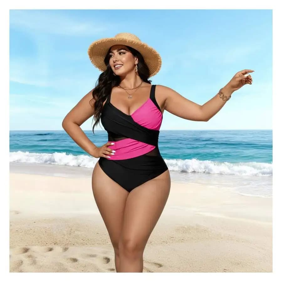 Costume da bagno intero da donna nero e rosa con pannello in rete e controllo pancia