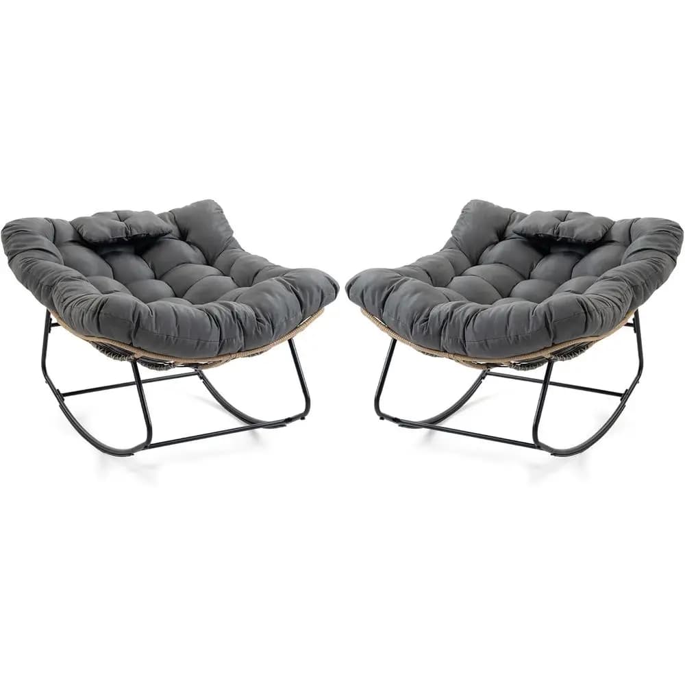 Set di 2 sedie a dondolo da esterno, Poltrona Papasan oversize con cuscino spesso e cuscino decorativo, Sedie a uovo in vimini per interni o per patio, portico, balcone