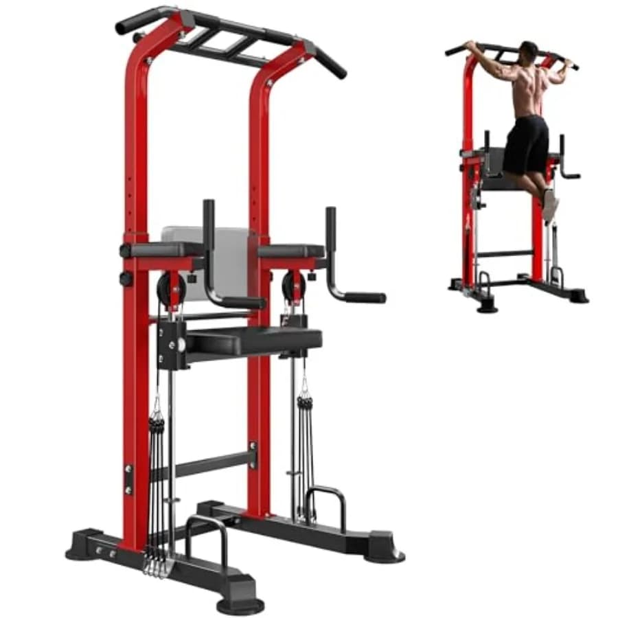 Power Tower Dip Station with Pad for Assisted Tractions, Height Adjustable Bar, Home Gym Driver, Multifunction