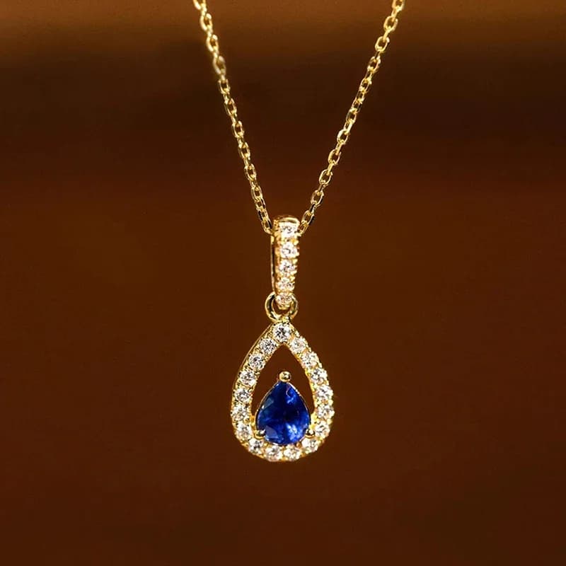 Huitan Gold Color Waterdrop Pendant with Blue Cubic Zirconia Necklace for Women Temperament Accessories Wedding Trendy Jewelry