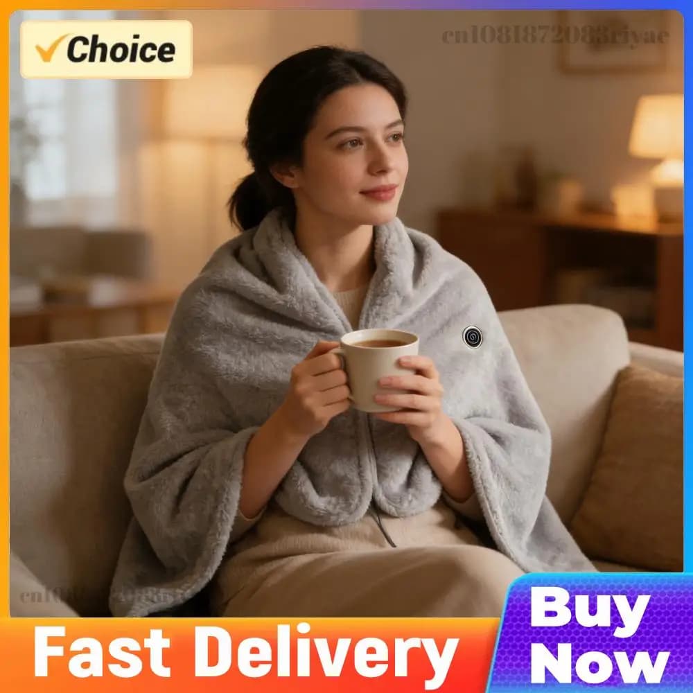 Coperta Riscaldante Elettrica USB Portatile con 3 Livelli di Calore, Poncho Riscaldato con Cappuccio per Uso Interno ed Esterno