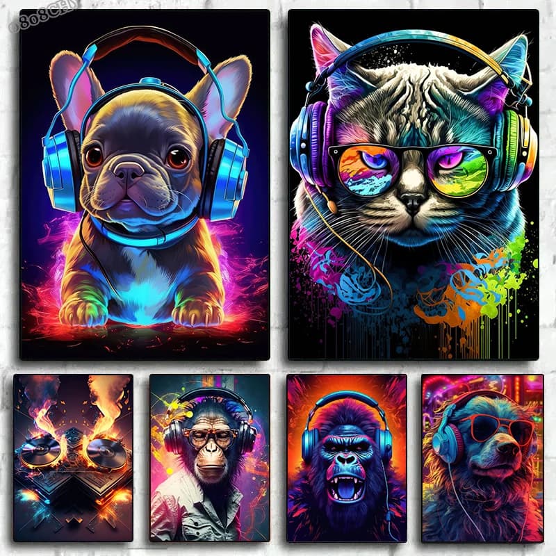Animale Scimmia Gatto Cane Cuffia Dj Musica Poster Stampa su tela Pittura Disco in vinile Riproduzione di immagini musicali Internet Bar Room Decor