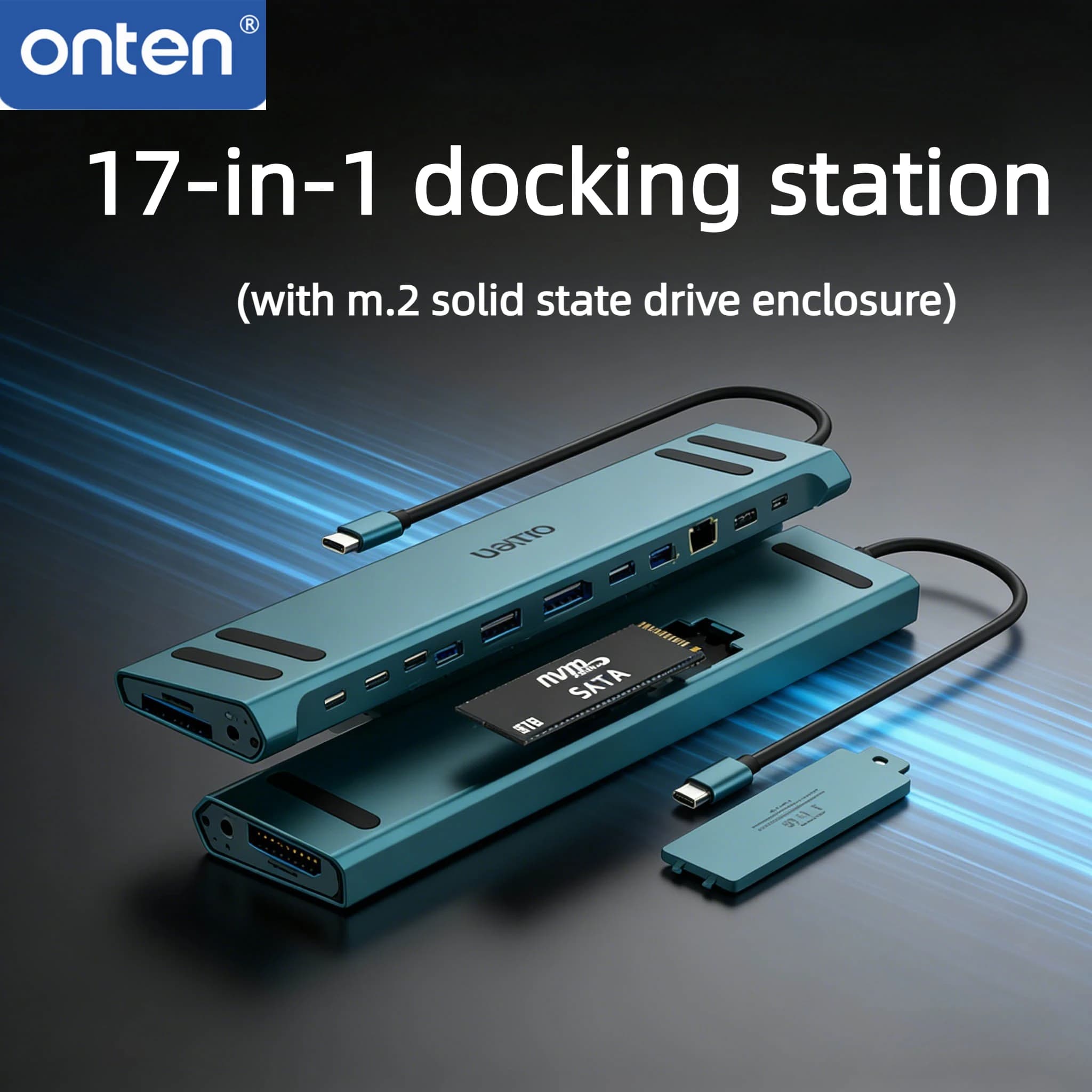 ONTEN Docking Station USB C a 17 Porte con Case SSD M.2, Hub Adattatore Multi-Porta per PC, Tablet, Steam Deck, Laptop, MacBook Pro e Air