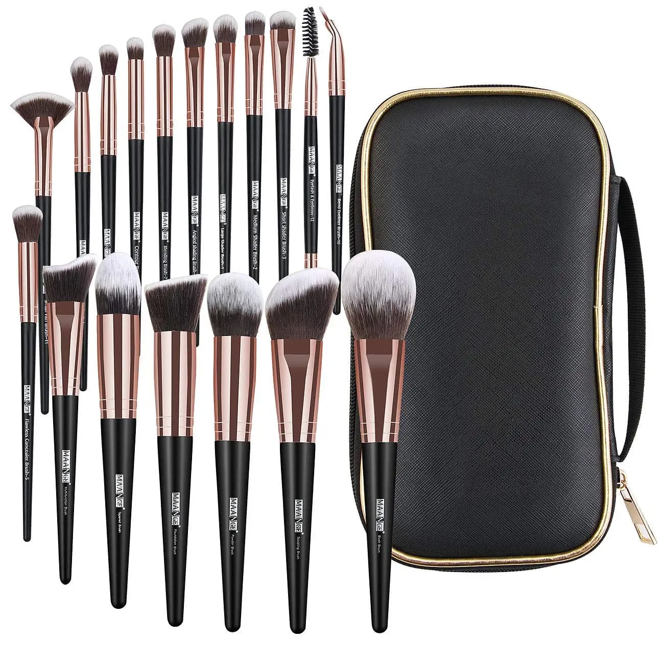 18 Pcs Professional Synthetic Makeup Brush Set with Case, Foundation Kabuki Eye Travel Brushes, Black Gold
