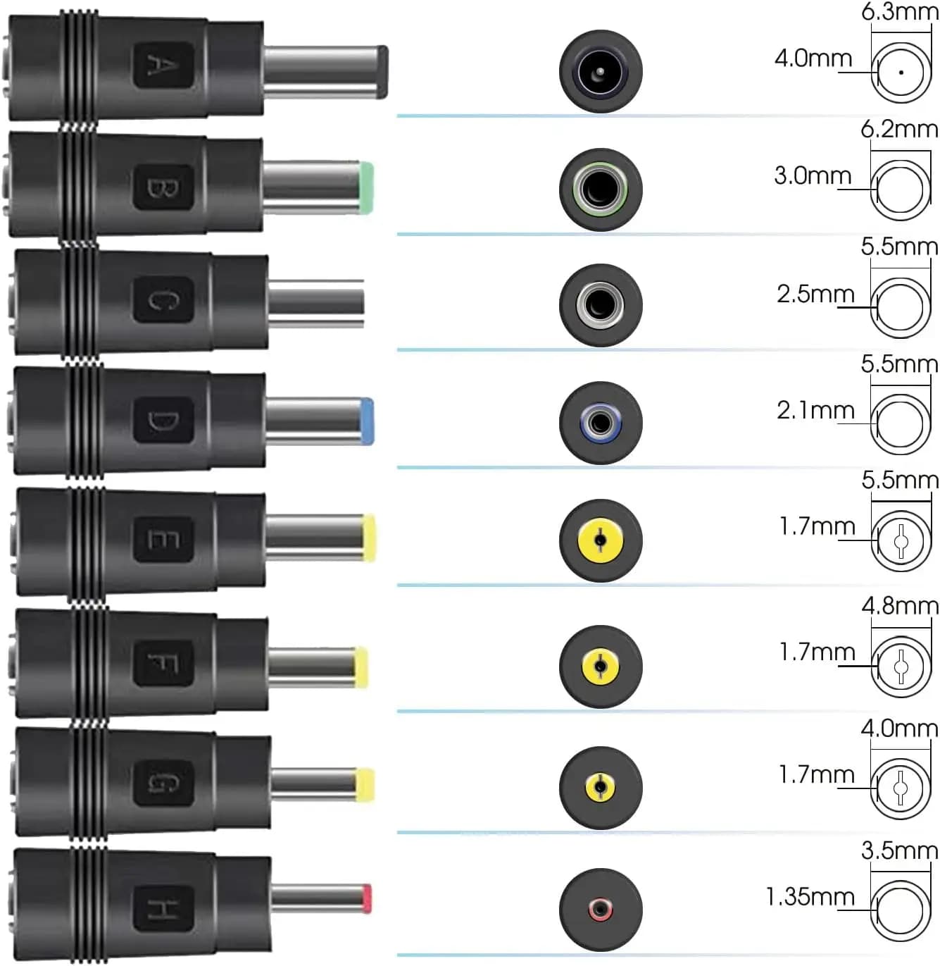 DC Adapter 8PCS Connector Set for Monitor, Webcam, Router, Light Strip | Female 5.5x2.1mm to Male 6.3x4.0mm for Security Camera