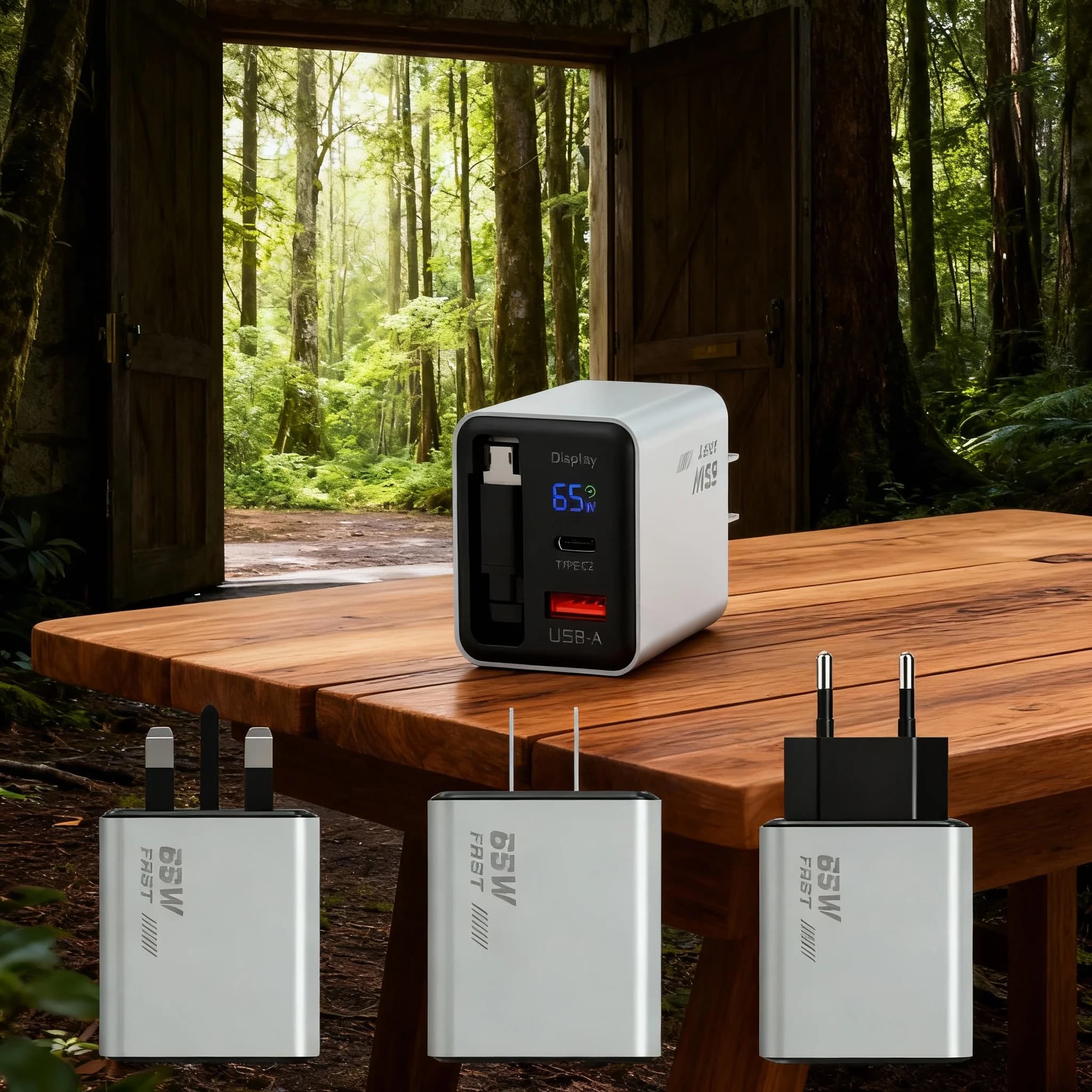 Caricabatterie Rapido 65W con Cavo Type-C Retrattile, Doppia Porta, Display Digitale Intelligente, Adattatore di Alimentazione GaN per Viaggi