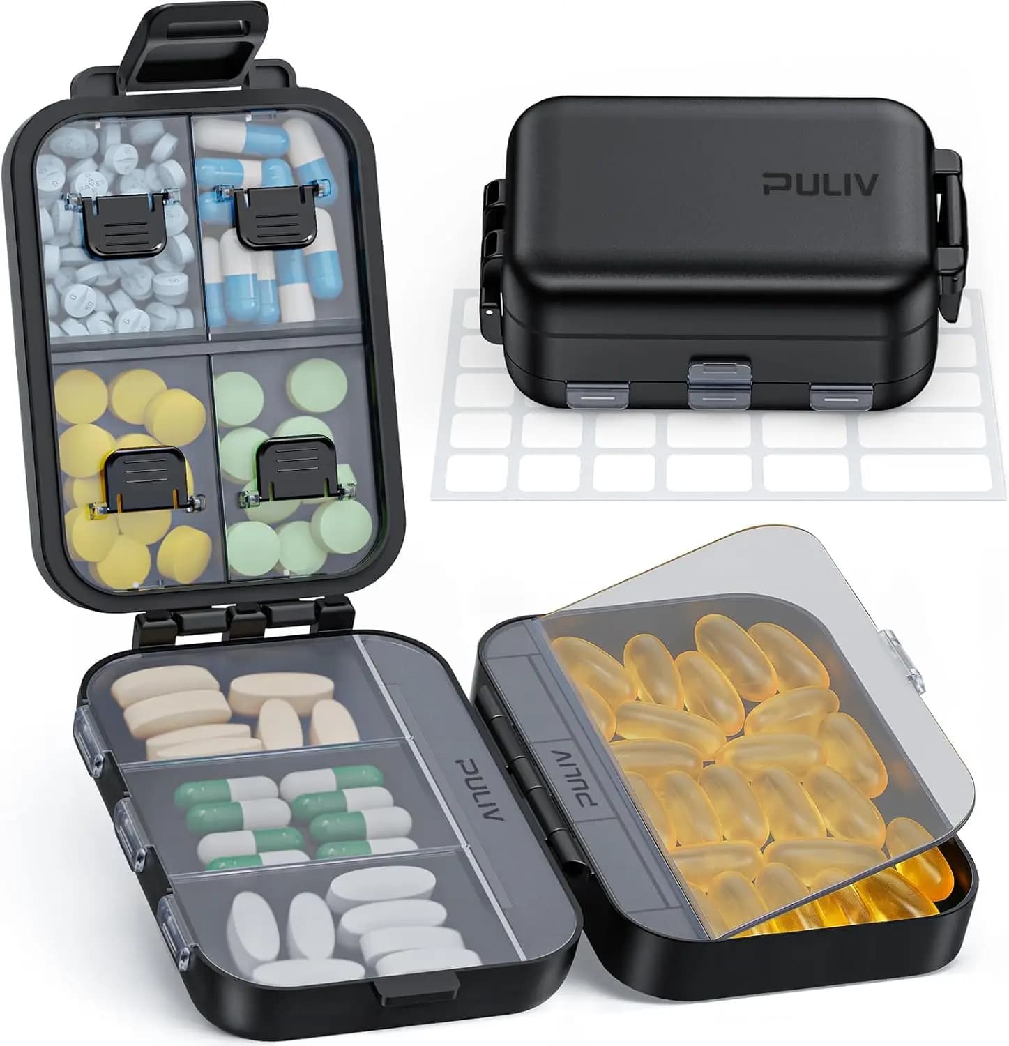3 layer travel pills organizer with 8 compartments for easy daily storage of vitamins and supplements