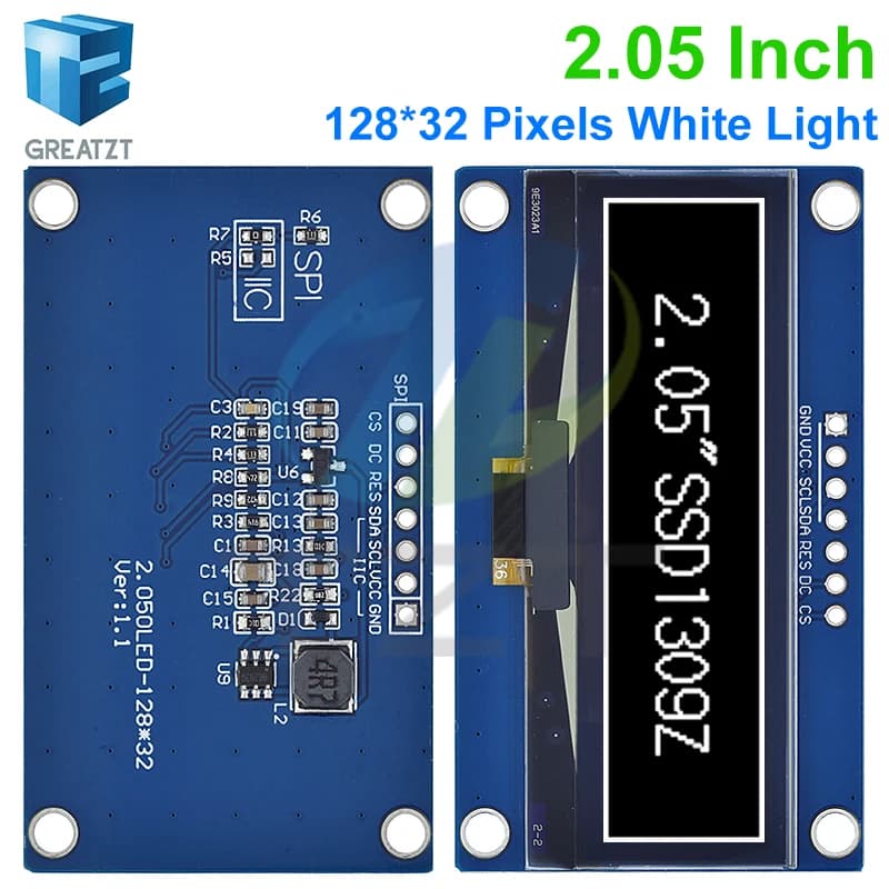 GREATZT 2.05 Inch OLED Display 128*32 LCD Module White Colour SSD1309 Controller Support Interface SPI/IIC For Arduino