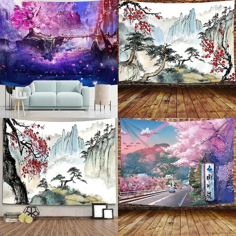 Japanese Mountains And Cherry Blossom Tapestry Sakura Village Aesthetic Art Bedroom Wall Hanging Anime Landscape Tapestry