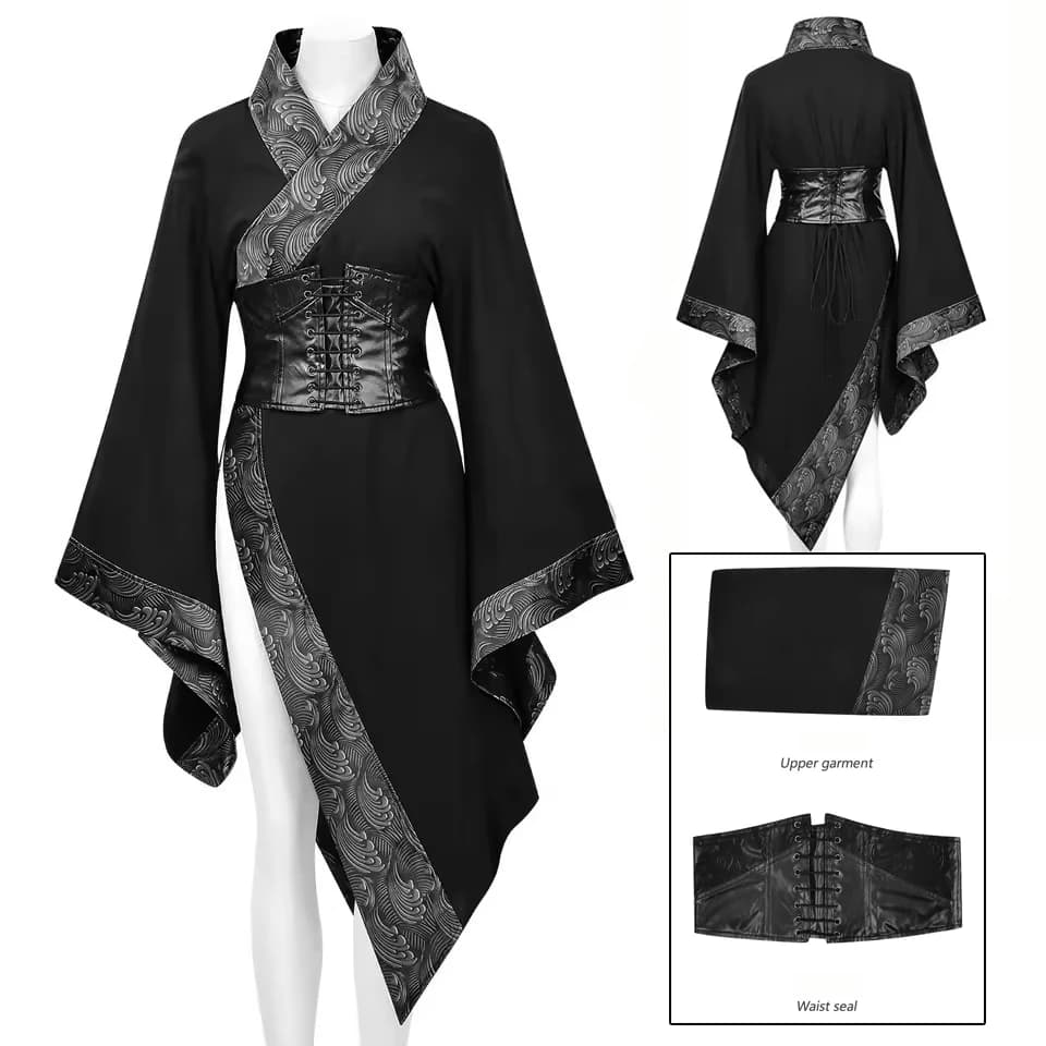 Costume Gotico Scuro per Cosplay, Kimono Punk da Donna, Abito Asimmetrico Regolabile per Feste, Club e Spettacoli, Vestito Irregolare dal Design Originale
