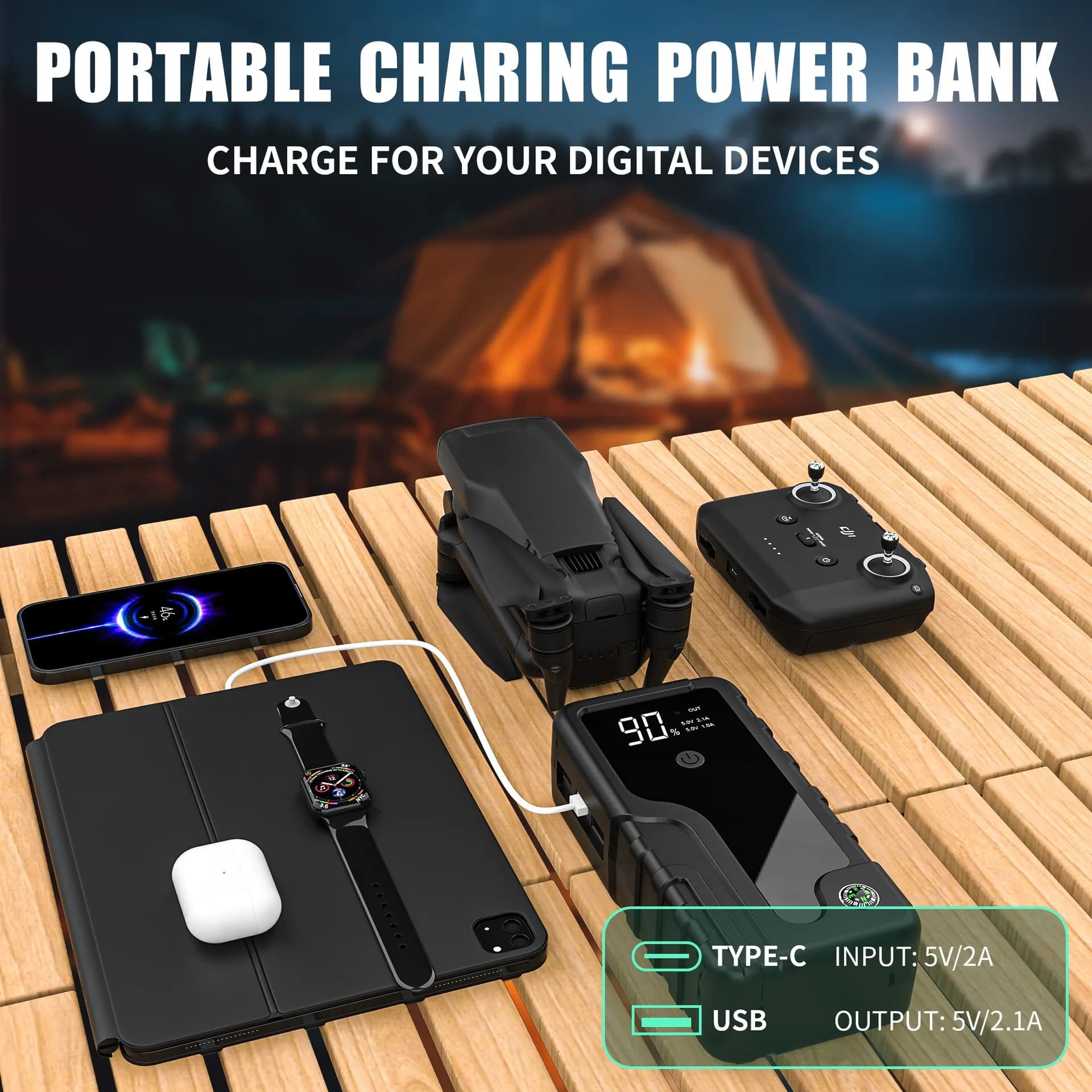 Portable Car Jump StarterAir Compressor & QC3.0 Fast Charger, LED Emergency Light for Truck Van Motorcycle.