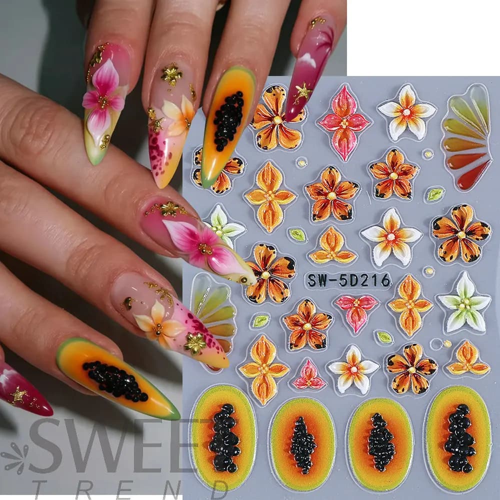 Adesivi per Unghie 5D con Bordo Dorato e Fiori in Rilievo, Decorazioni Floreali Autoadesive di Lusso per Manicure Fai-da-Te