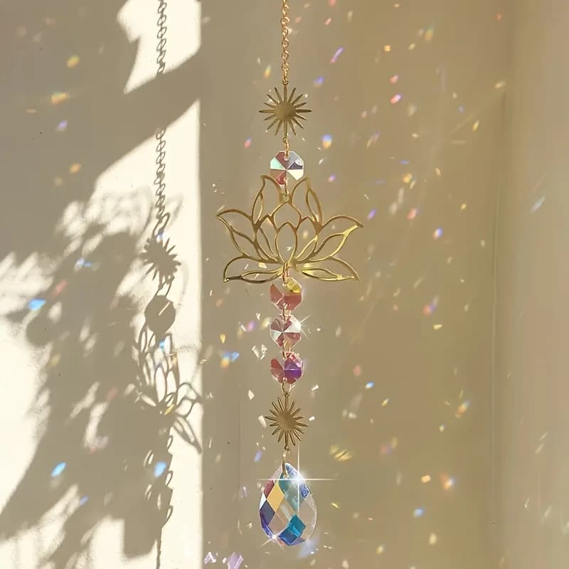 1pc Exquisite Lotus Flower Crystal Glass Suncatcher with Prism Beads, Celestial Accents for Window Decor