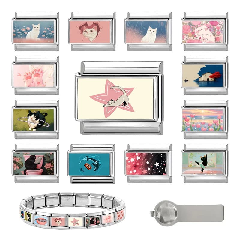 Charm in acciaio inossidabile da 9 mm con gatti Y2K che leggono il giornale sul WC, compatibili con bracciali, per creazione gioielli fai da te da donna, all'ingrosso