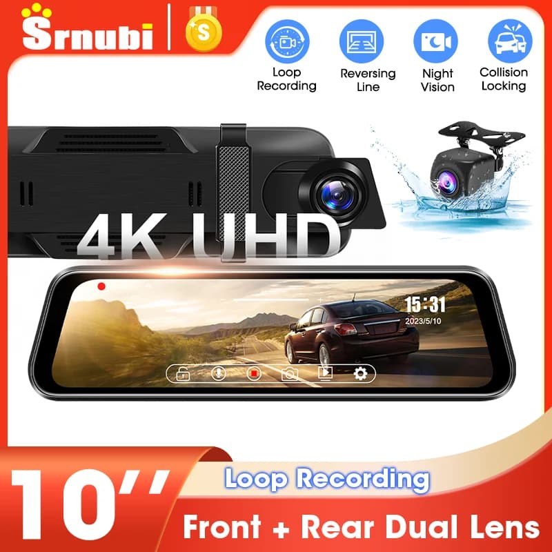Srnubi 4K + 1080P Dash Cam 10 '' Registrazione video Dual Channel Car DVR Telecamera retrovisiva Loop Record Dashcam Visione notturna Scatola nera