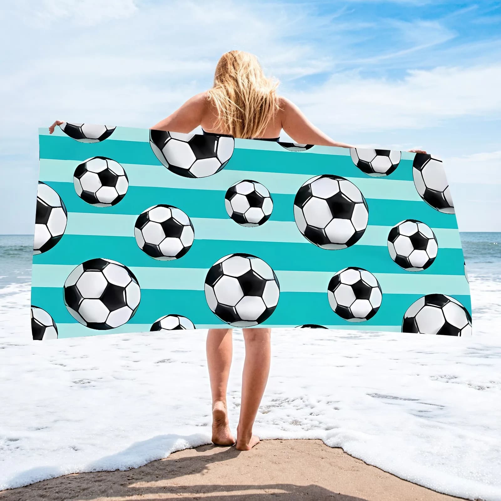 Telo Mare Grande in Poliestere con Stampa Pallone da Calcio, Asciugatura Rapida, Anti-Sabbia, per Piscina, Sport, Viaggi, Vacanze, Coperta Estiva