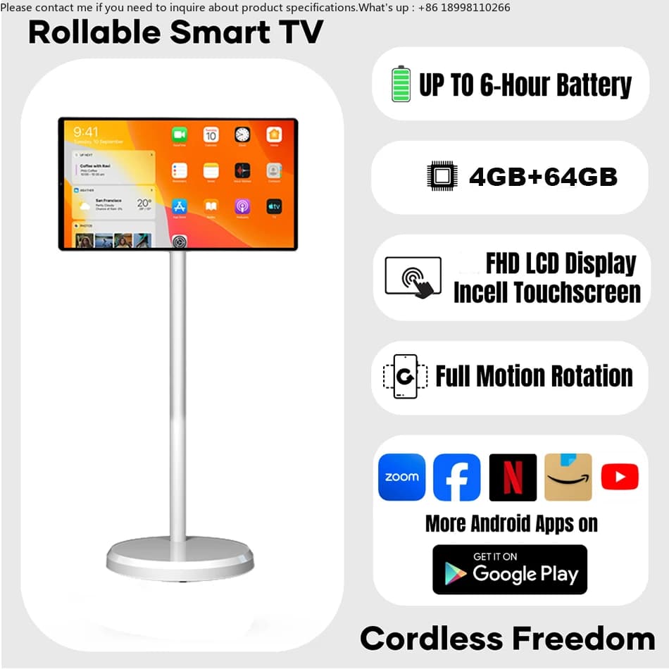 21.5 Inch Smart TV with Floor Support, Ultra Slim Digital Display, All-in-One Tablet, Portable LCD Monitor, Smart Mobile TV