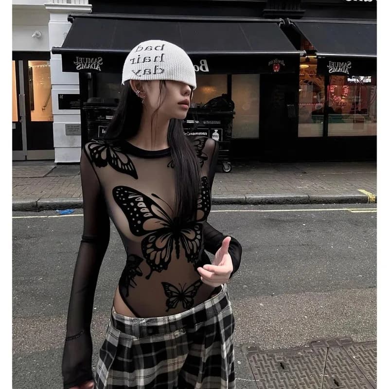 Tuta Intera a Maniche Lunghe in Rete Trasparente con Stampa a Farfalla Stile Spicy Girl per Donna, Design 2026, Top da Nightclub, Lingerie Sexy