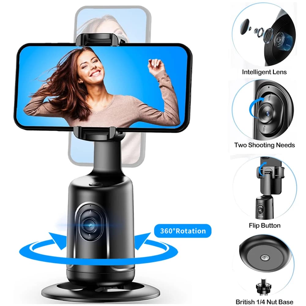 Treppiede porta telefono con tracciamento automatico, selfie stick intelligente all-in-one portatile AI 360 ° Face for Phone Video Vlog Streaming live